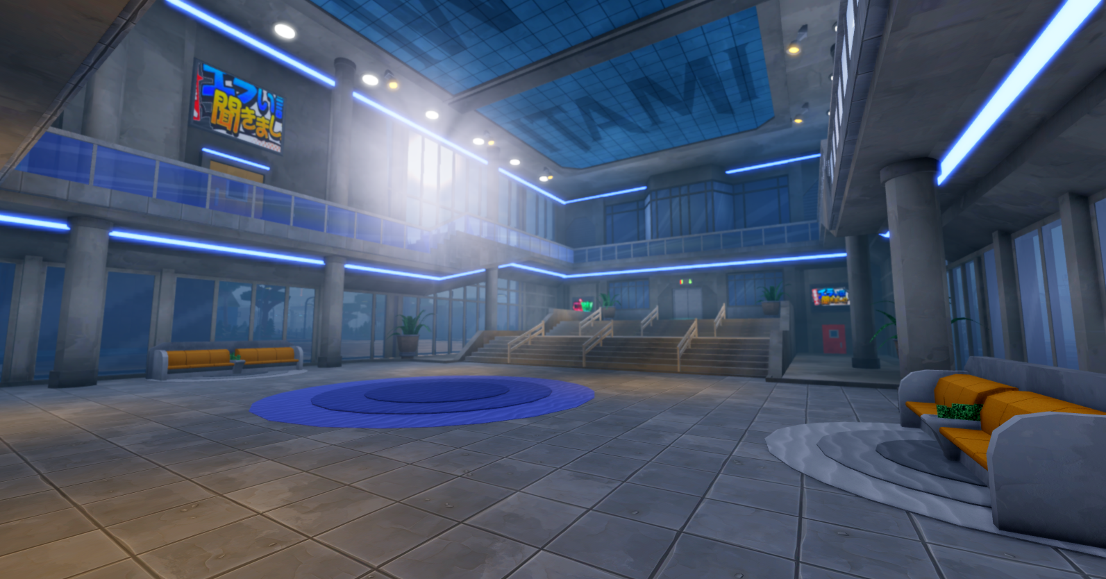 ITAMI game lobby with large glowing neon ITAMI logo sign — the main hub area players spawn into