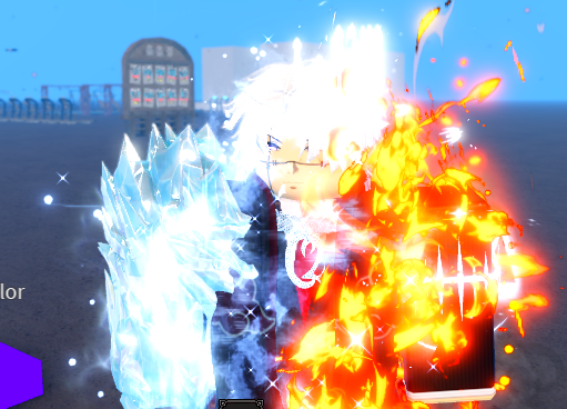 Half-Cold Half-Hot Quirk in ITAMI — character simultaneously using ice on the left side and fire on the right side of their body