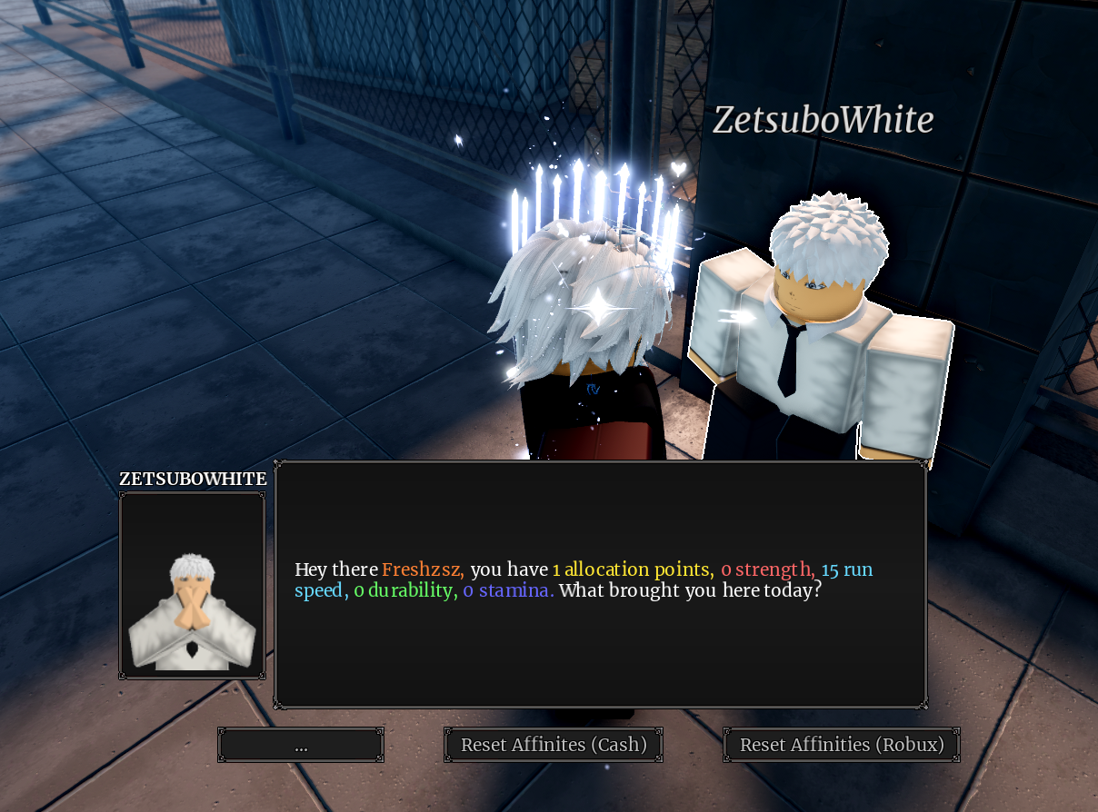 ITAMI Affinity stat screen — NPC ZetsuboWhite showing stat allocation points for the confirmed Affinity system