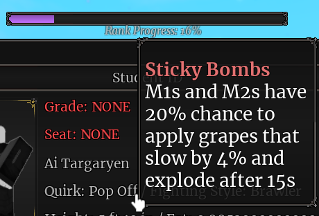 ITAMI Quirk skill info card — Pop Off Quirk showing 'Sticky Bombs' ability with rank progress bar and skill description UI
